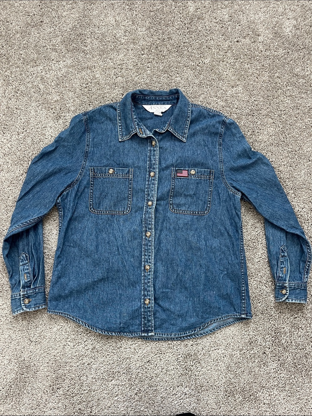 Casual Denim Button-Up Shirt with American Flag